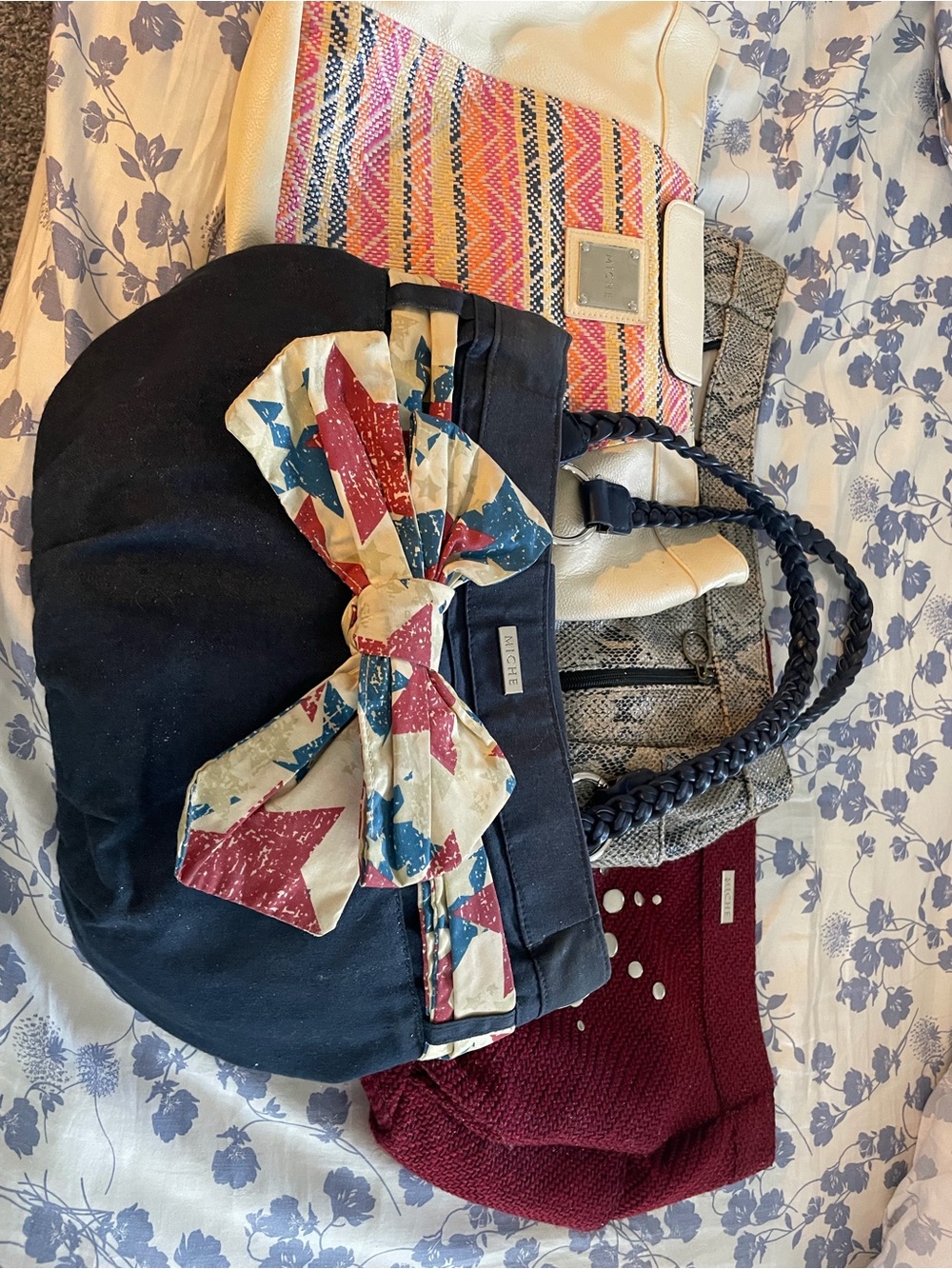 Miche Navy Canvas Tote with Red and Blue Star-Print Bow